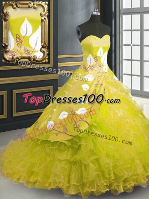 Sweetheart Sleeveless Organza Vestidos de Quinceanera Embroidery and Ruffles Brush Train Lace Up