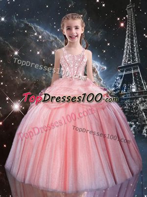 Rose Pink Tulle Lace Up Straps Sleeveless Floor Length Kids Formal Wear Beading