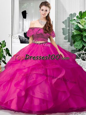 Admirable Floor Length Two Pieces Sleeveless Hot Pink Quince Ball Gowns Lace Up