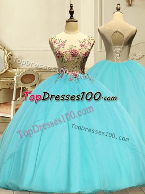 Appliques Vestidos de Quinceanera Aqua Blue Lace Up Sleeveless Floor Length