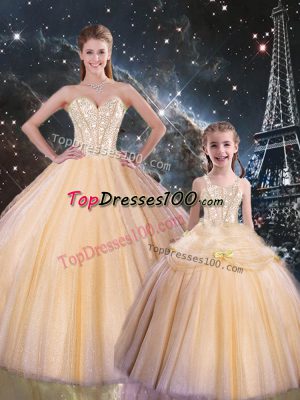 Gorgeous Champagne Sleeveless Tulle Lace Up 15th Birthday Dress for Military Ball and Sweet 16 and Quinceanera