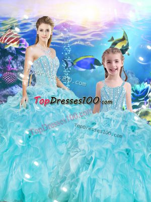 Aqua Blue Sleeveless Floor Length Beading and Ruffles Lace Up Sweet 16 Dress