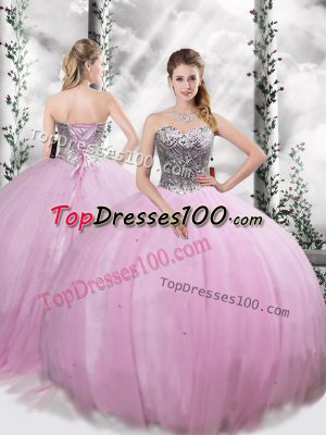 Suitable Lace Up Quince Ball Gowns Lilac for Military Ball and Sweet 16 and Quinceanera with Beading Brush Train