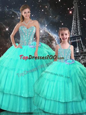 Organza Sweetheart Sleeveless Lace Up Ruffled Layers Vestidos de Quinceanera in Turquoise