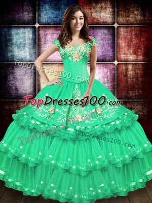 Sleeveless Embroidery and Ruffled Layers Lace Up Vestidos de Quinceanera