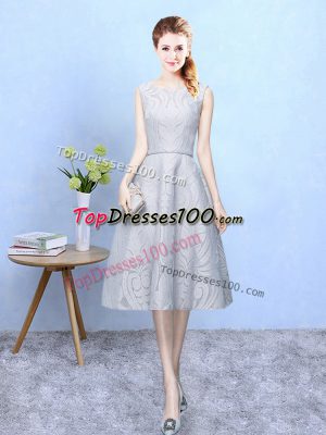 Fitting Grey Lace Zipper Scoop Sleeveless Tea Length Bridesmaids Dress Lace
