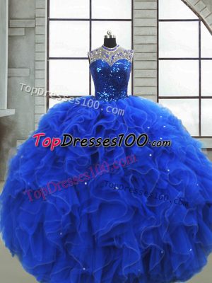 Exquisite Royal Blue Scoop Neckline Ruffles and Sequins 15 Quinceanera Dress Sleeveless Zipper