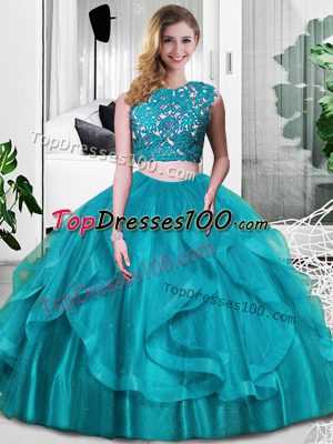Exceptional Teal Scoop Zipper Lace and Embroidery and Ruffles Sweet 16 Quinceanera Dress Sleeveless