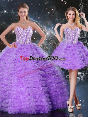 Superior Lavender Sweetheart Neckline Beading and Ruffled Layers Quince Ball Gowns Sleeveless Lace Up