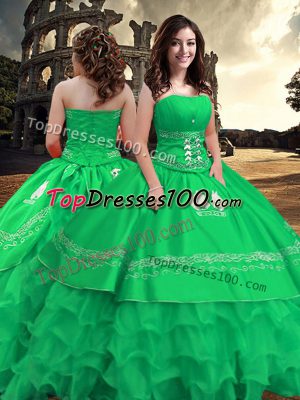 Hot Sale Sleeveless Floor Length Embroidery and Ruffled Layers Zipper 15th Birthday Dress with Green