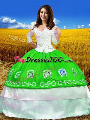 Shining Floor Length Green Vestidos de Quinceanera Off The Shoulder 3 4 Length Sleeve Lace Up