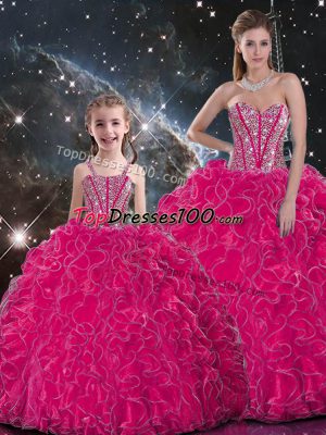 Hot Pink Vestidos de Quinceanera Military Ball and Sweet 16 and Quinceanera with Beading and Ruffles Sweetheart Sleeveless Lace Up