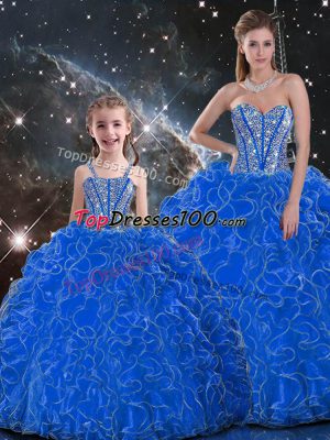 Sleeveless Organza Floor Length Lace Up 15 Quinceanera Dress in Blue with Beading and Ruffles