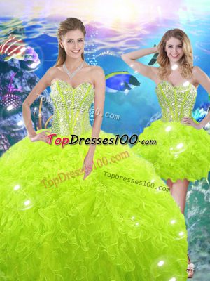 Floor Length Lace Up Sweet 16 Dress Yellow Green for Military Ball and Sweet 16 and Quinceanera with Beading and Ruffles