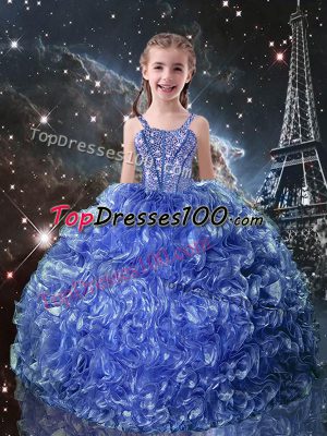 Customized Blue Organza Lace Up Kids Pageant Dress Sleeveless Floor Length Beading and Ruffles