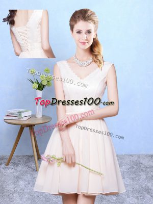 Captivating Sleeveless Chiffon Knee Length Lace Up Dama Dress in Champagne with Ruching