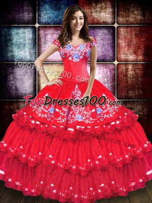 Best Coral Red Ball Gowns Off The Shoulder Sleeveless Taffeta Floor Length Lace Up Embroidery and Ruffled Layers 15 Quinceanera Dress