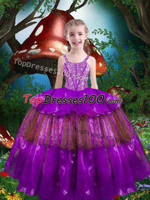 Beading and Ruffled Layers Little Girls Pageant Dress Wholesale Eggplant Purple Lace Up Sleeveless Floor Length