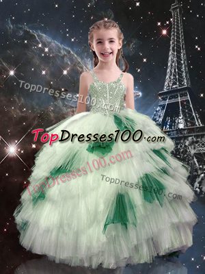 Floor Length Lace Up Kids Pageant Dress White for Quinceanera and Wedding Party with Beading and Ruffled Layers