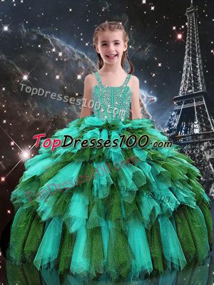 Turquoise Straps Neckline Beading and Ruffles Girls Pageant Dresses Sleeveless Lace Up