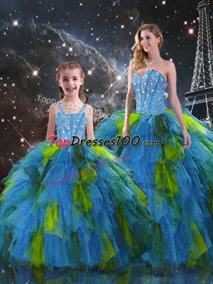 Multi-color Sweetheart Lace Up Beading and Ruffles Ball Gown Prom Dress Sleeveless