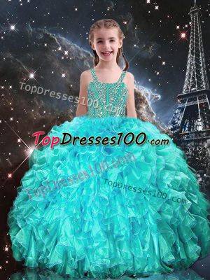 Sleeveless Organza Floor Length Lace Up Little Girl Pageant Dress in Aqua Blue with Beading and Ruffles