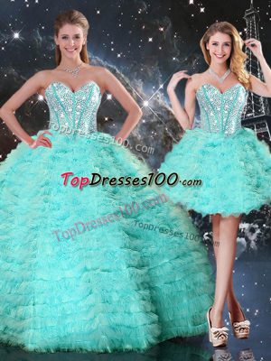 Edgy Turquoise Ball Gowns Sweetheart Sleeveless Organza Floor Length Lace Up Beading and Ruffled Layers Quinceanera Gown