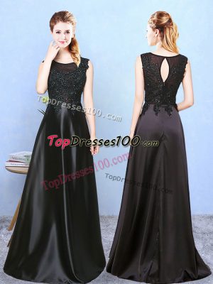 Satin Scoop Sleeveless Zipper Beading Bridesmaids Dress in Black