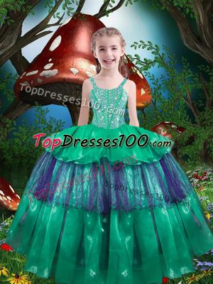 Elegant Sleeveless Floor Length Beading and Ruffled Layers Lace Up Party Dresses with Green
