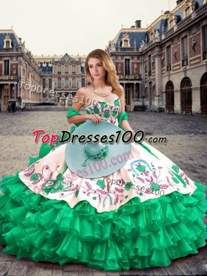 Best Selling Sleeveless Organza and Taffeta Floor Length Lace Up Quinceanera Dresses in Green with Embroidery and Ruffled Layers