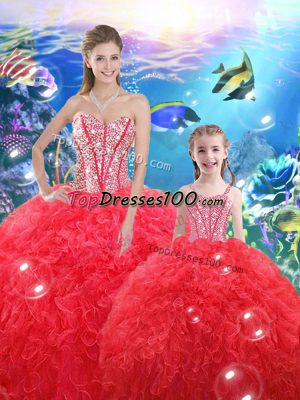 Glittering Coral Red Sleeveless Organza Lace Up Quinceanera Dress for Military Ball and Sweet 16 and Quinceanera