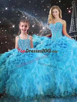 Best Selling Sweetheart Sleeveless Lace Up Sweet 16 Quinceanera Dress Aqua Blue Organza