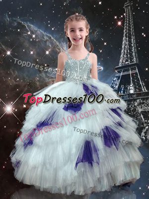 White Straps Lace Up Beading and Ruffled Layers Child Pageant Dress Sleeveless