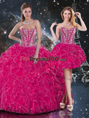 Traditional Sleeveless Organza Floor Length Lace Up 15 Quinceanera Dress in Hot Pink with Beading and Ruffles