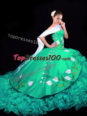 Simple Turquoise 15 Quinceanera Dress Organza Brush Train Sleeveless Embroidery and Ruffles