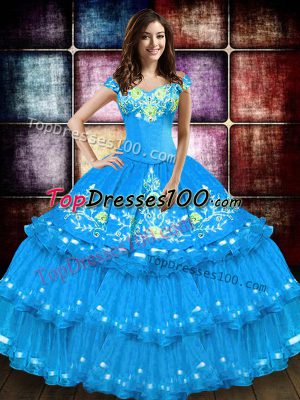 Floor Length Baby Blue Quinceanera Gown Off The Shoulder Sleeveless Lace Up
