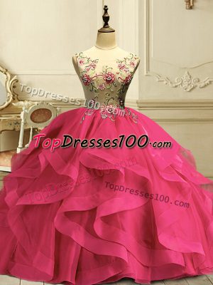 Classical Scoop Sleeveless 15th Birthday Dress Floor Length Appliques and Ruffles Hot Pink Organza