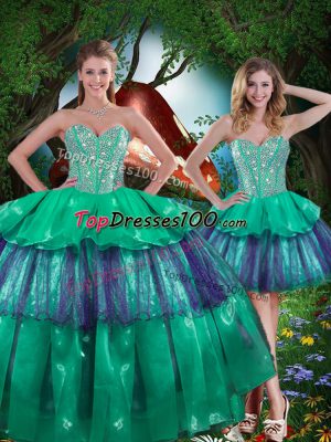 Super Beading and Ruffled Layers Sweet 16 Quinceanera Dress Turquoise Lace Up Sleeveless Floor Length