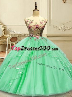 Green Ball Gowns Scoop Sleeveless Tulle Floor Length Lace Up Appliques Sweet 16 Dresses