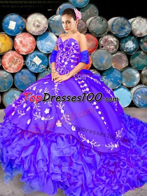Modern Purple Sleeveless Brush Train Embroidery and Ruffles Sweet 16 Dresses