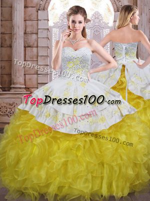 Yellow And White Organza Lace Up Quince Ball Gowns Sleeveless Floor Length Beading and Appliques and Ruffles
