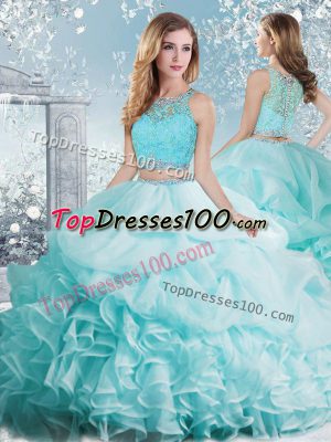 Spectacular Aqua Blue Clasp Handle Quinceanera Dresses Beading and Ruffles and Pick Ups Sleeveless Floor Length