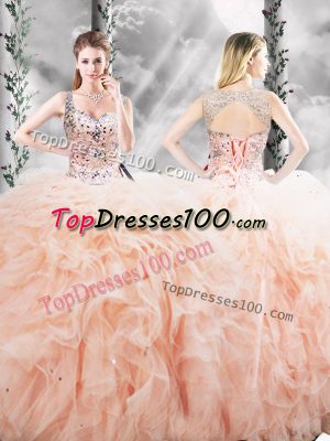 Stunning Straps Sleeveless Tulle Sweet 16 Dresses Beading and Ruffles Lace Up