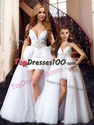 On Sale White V-neck Neckline Beading and Lace Prom Gown Sleeveless Lace Up
