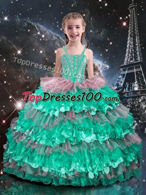 Turquoise Sleeveless Floor Length Beading and Ruffled Layers Lace Up Party Dress