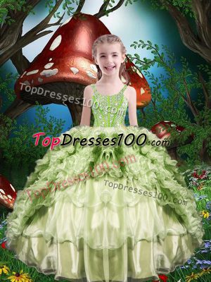 Floor Length Yellow Green Teens Party Dress Organza Short Sleeves Beading and Ruffles and Ruffled Layers