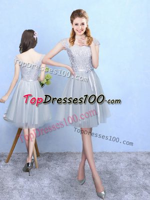Fashionable Cap Sleeves Lace Up Knee Length Lace Bridesmaids Dress