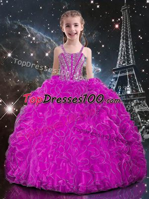 Floor Length Fuchsia Little Girl Pageant Gowns Organza Sleeveless Beading and Ruffles