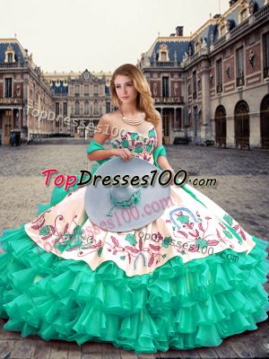 Popular Organza Sleeveless Floor Length Quince Ball Gowns and Embroidery and Ruffled Layers