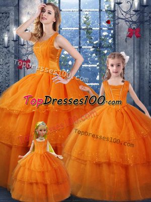 Comfortable Orange Organza Lace Up Quinceanera Dress Sleeveless Floor Length Ruffled Layers